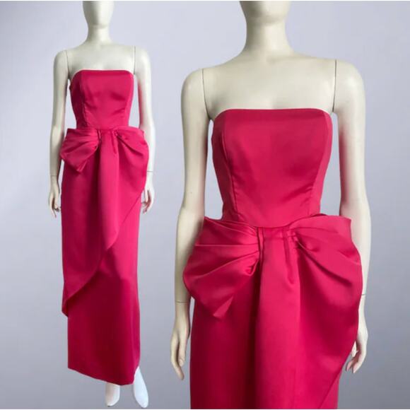 VICTOR COSTA Fuchsia Pink Bow Strapless Gown Liquid Satin 80s - Picture 1 of 7